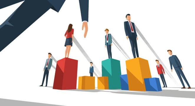 Business Hierarchy and Power Dynamics. Corporate Success Ranking visualized on a bar graph with a giant controlling hand.