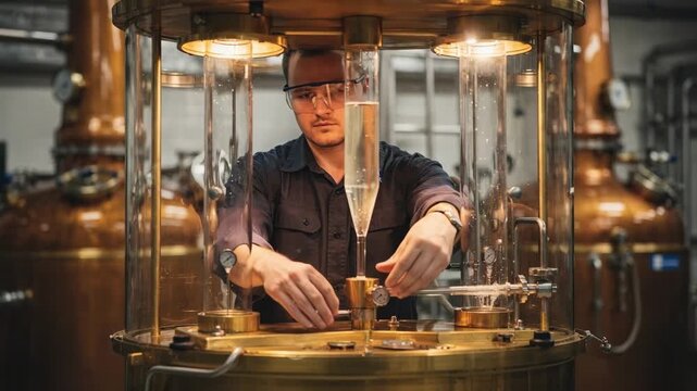 Closeup medium shot showing operator diverting heads cutoff spirit through glass spirit safe ensuring optimal distillation quality.