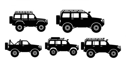 Collection of black silhouette off road vehicles.