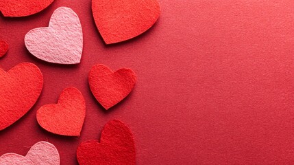 Fototapeta premium Red and Pink Felt Hearts on Red Background for Romantic Valentines Theme