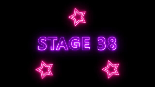 Stage 38 Neon Text Animation with Glowing Stars on Black Background. 'Stage 38' with twinkling stars, perfect for video game intros.