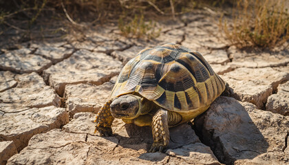 Fototapeta premium A solitary tortoise treks across a parched, cracked earth, symbolizing resilience in arid environments
