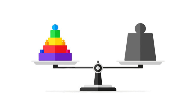 Complexity vs Simplicity: Balanced scale showing layered colored blocks equivalent to a single large black weight, representing value and equality.