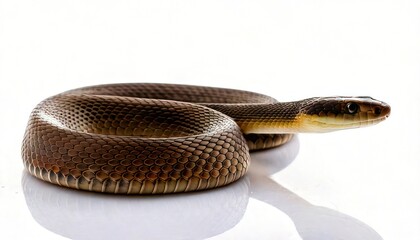 Brown snake coiled on a white surface, close-up view.