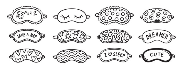 cute sleeping mask doodle hand drawn icon set. Outline drawing line clipart symbol collection