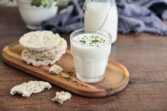 Homemade natural kefir or ayran with rice cakes