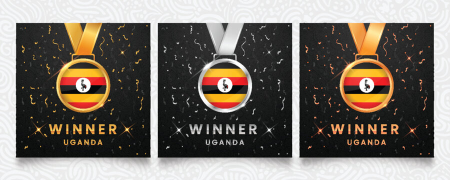 Celebrate Ugandan victory with this premium set of gold, silver and bronze winner medals featuring the national flag design, set on a dark background with festive confetti and sparkles