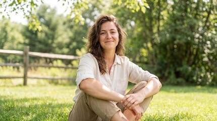 Relaxed young woman sitting on green grass in park smiling naturally in soft sunlight