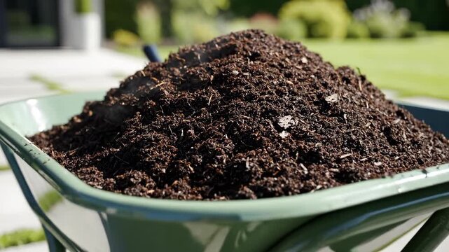 A green wheelbarrow filled with rich, steaming compost and fertile soil. Close-up of gardening equipment ready for planting in a backyard. Landscaping and organic farming concept