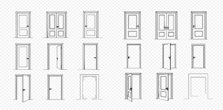 Set of various door outlines, including open, closed, and double doors, in a hand-drawn sketch style on a transparent background.