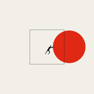 This minimal vector illustration shows a businessman pushing a red circle out of a square. It is a concept symbol for creative brainstorming and the ability to think outside the box.