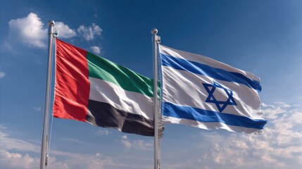 Fototapeta premium Flags of United Arab Emirates and Israel flying together in the sky