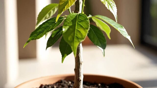 Gardening concept with a young tree sapling in a terracotta pot. Slow upward tilt revealing vibrant green leaves illuminated by natural sunlight. Indoor plant growth