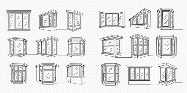 Set of various bay and bow windows in sketch style, architectural elements for building design, isolated on transparent background.