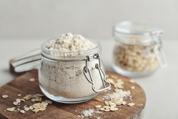 Oat flour in glass jar