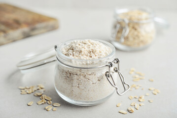 Oat flour in glass jar