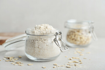 Oat flour in glass jar