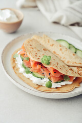 Oatmeal pancakes with slightly salted salmon