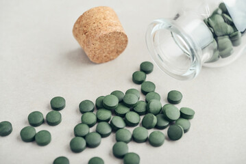 Close-up green spirulina pills