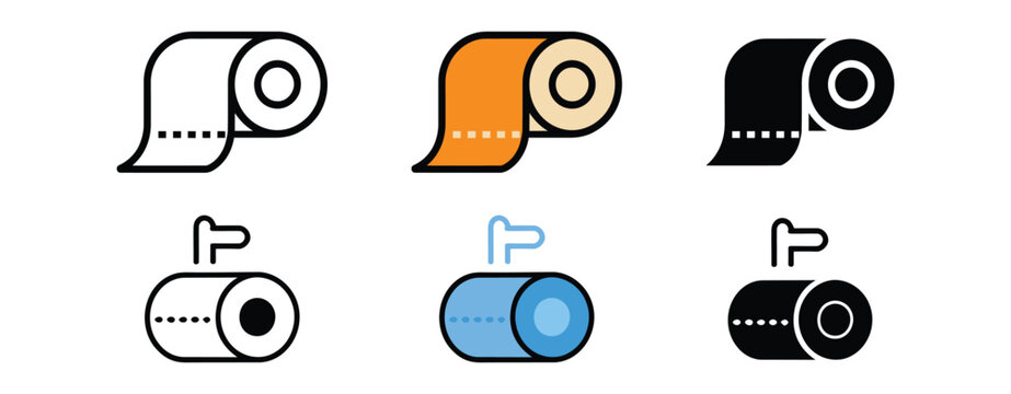 Toilet paper icon, Toilet tissue paper roll icon set, Bathroom tissue vector illustration collection.