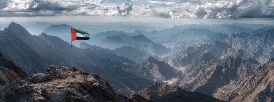 Mountain view with a flag on a peak showcasing the landscape of the UAE at a cloudy time during the day