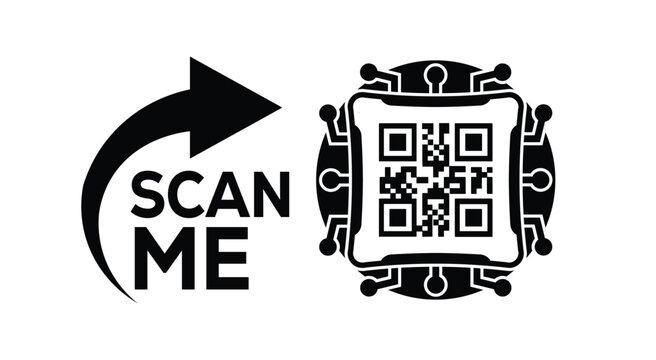 Minimalist black and white QR code scan prompt with bold arrow and "SCAN ME" text, ideal for marketing, advertising, and digital call-to-action designs on clean white background.