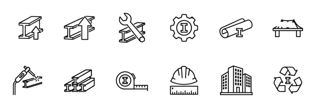 Steel beam and construction industry icon set featuring symbols for engineering, fabrication, architecture, and building materials in a clean, minimalist line art style