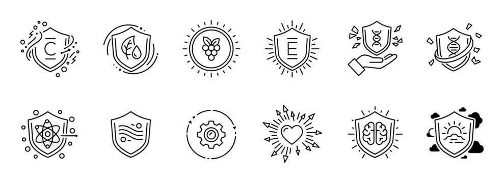 Set of black line art icons representing health, immunity, and protection concepts like vitamins, DNA, and natural ingredients for skincare and wellness in a minimalist vector style