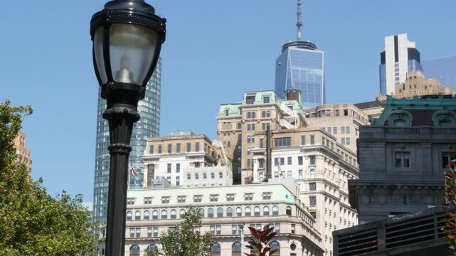 New York City Manhattan Downtown Financial District, United States of America. World Trade Center skyscraper, tower building in FiDi. Modern business center. Broadway street architecture. Battery park