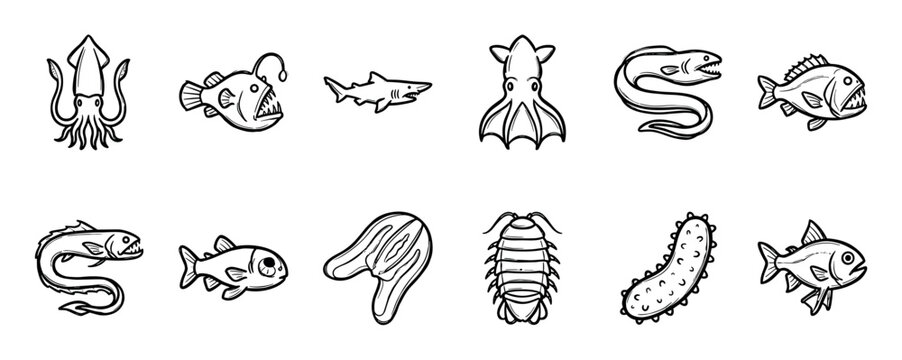 Collection of twelve deep sea creatures hand-drawn in a simple black and white doodle style, featuring an anglerfish, squid, shark, eel, isopod, and other marine animals