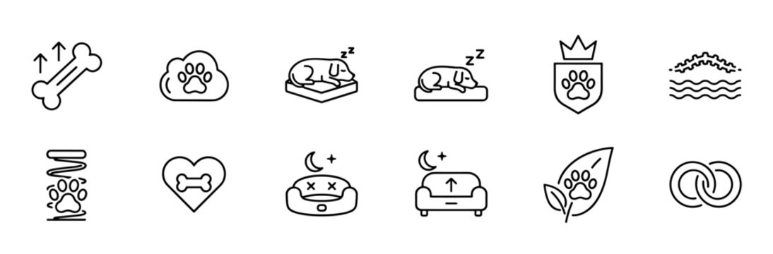 Set of thin line icons for pet care services including a sleeping dog, grooming, bone, paw print, and love symbols in a minimalist vector illustration for web and mobile