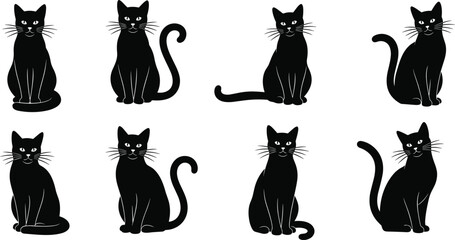 Black cat silhouette vector illustration set, sitting domestic cats in different poses, cute feline icons isolated on white background © MdYaqub