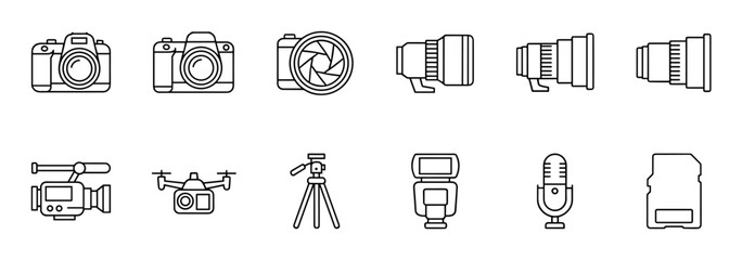 Fototapeta premium Set of photography and videography gear icons including a camera, lens, drone, tripod, flash, microphone, and memory card, presented in a clean minimalist outline illustration