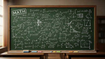 Fototapeta premium Mathematics Formulas and Geometry Sketches on a Green Chalkboard