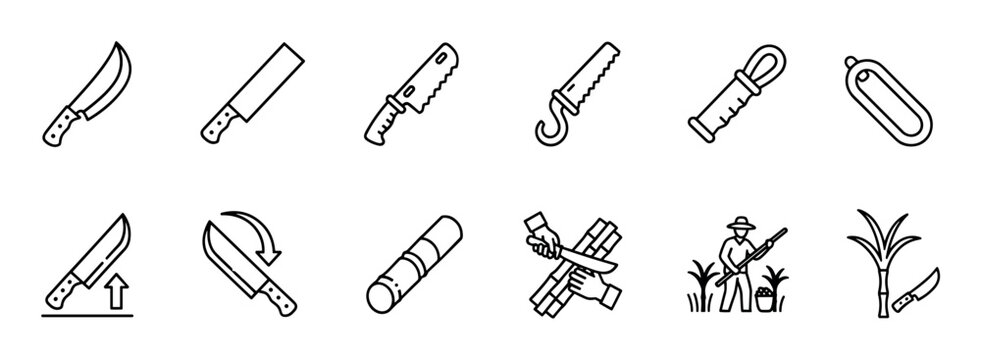 Collection of sugarcane harvesting line icons showing various machetes, knives, a farmer, and cane stalks, presented in a clean, minimalist, and editable vector style