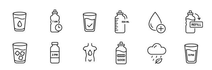 Water drinking and hydration line icon set showing glasses, bottles, and symbols for a healthy lifestyle, water balance, and daily intake schedule for wellness and health concepts