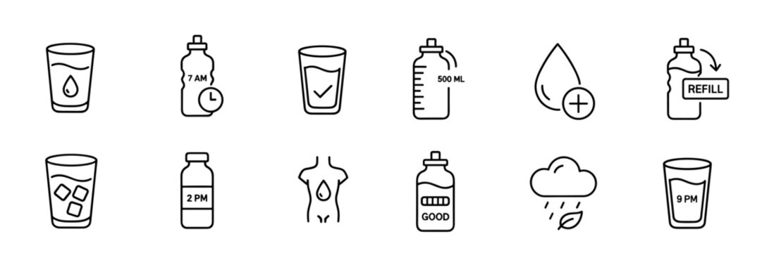 Water drinking and hydration line icon set showing glasses, bottles, and symbols for a healthy lifestyle, water balance, and daily intake schedule for wellness and health concepts