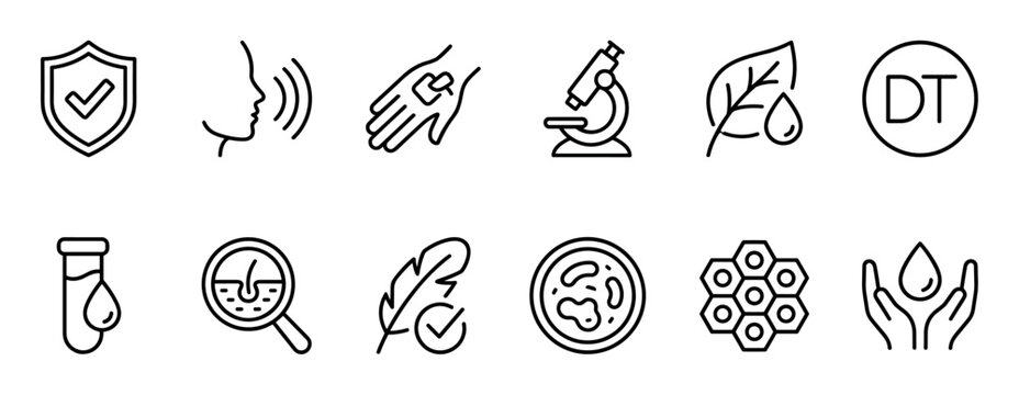 Minimalist black outline icon set for skincare and cosmetic product features, illustrating concepts like dermatologically tested, hypoallergenic, natural, and scientifically proven
