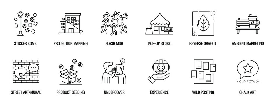 Collection of guerrilla marketing line icons representing unconventional advertising and promotion strategies in a minimalist vector style with concepts like flash mob and street art