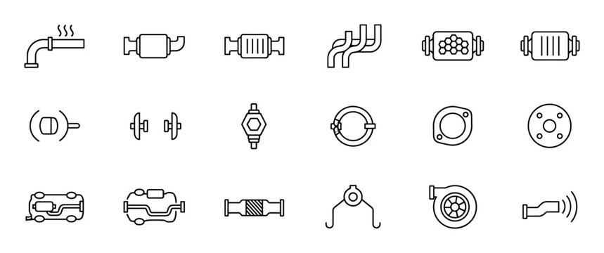 Car exhaust system parts line icon set showing a muffler, catalytic converter, turbocharger, and other components for automotive service and repair in a simple outline graphic style