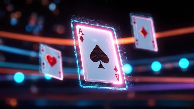 Neon ace spade glowing playing card digital casino poker cyber concept futuristic background virtual game fantasy hologram art bright light night glow floating ace spade card glowing cyber casino