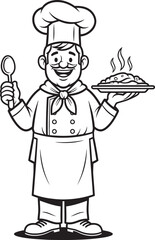 Naklejka premium A cheerful cartoon chef holding a plate of food and a spoon