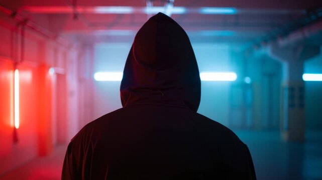 Back view of a hooded figure walking down a neon lit corridor as red and blue lights flash, a steady tracking shot heightening mystery and tension