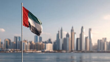 Naklejka premium Flag of the United Arab Emirates waving in front of the Dubai skyline with tall buildings and clear sky