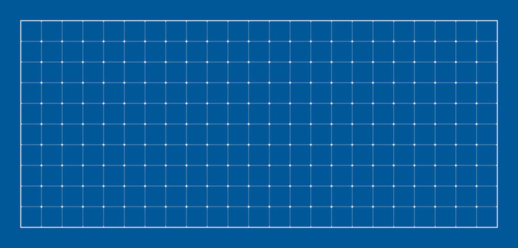 Grid pattern blueprint on blue paper background, graph white notebook. Millimeter paper with architect lines and white tech dot. Drawing grid with map checker paper, vector illustration.