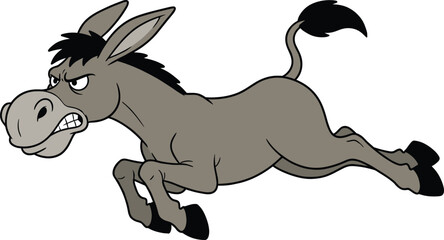 Fototapeta premium Angry donkey cartoon illustration, jumping wild mule character with aggressive expression, funny farm animal vector isolated on white background