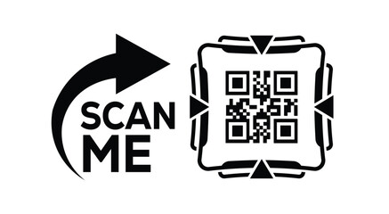 Minimalist black and white QR code scan prompt with bold arrow and "SCAN ME" text, ideal for marketing, advertising, and digital call-to-action designs on clean white background.