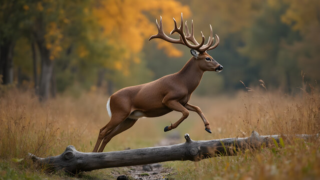 Deer gracefully leaping over obstacles. Ultra-realistic wildlife art. Capturing nature's beauty in motion. Stunning deer jumps in photography.