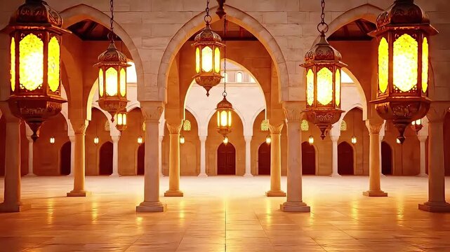 Grand Islamic Mosque Interior with Golden Ornate Lanterns, Arches, and Columns