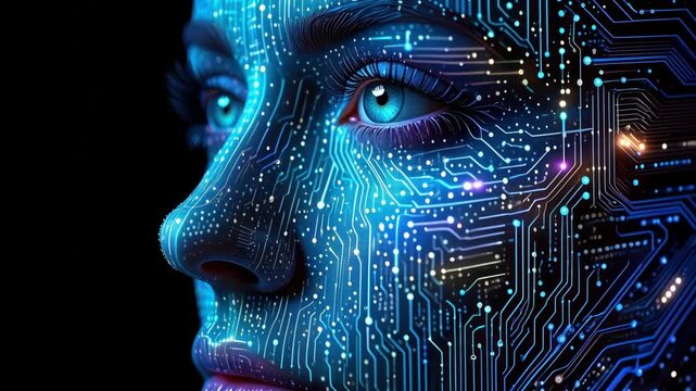 surreal close-up of a woman side profile with blue glowing circuit patterns on skin, data-like light traces, bright blue eyes, camera pans from eyes to lips against a dark background